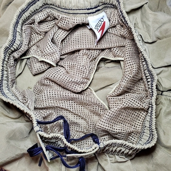Speedo Vintage Beige Black Accent Swim Trunks Mesh Lined Size Large Cargo - Picture 7 of 9